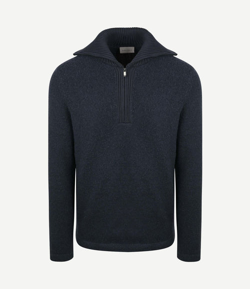 Deep zip pullover boiled wool donkerblauw