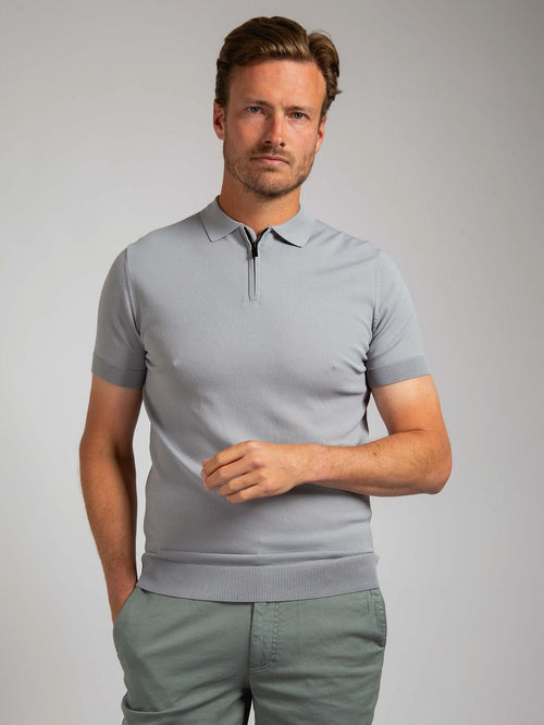 Suitable knitted halve rits polo dusty grey | Slim-fit