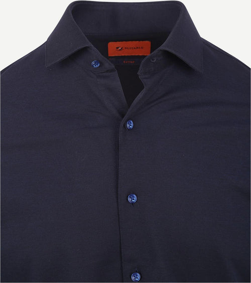 Suitable knitted pique overhemd donkerblauw | Slim-fit