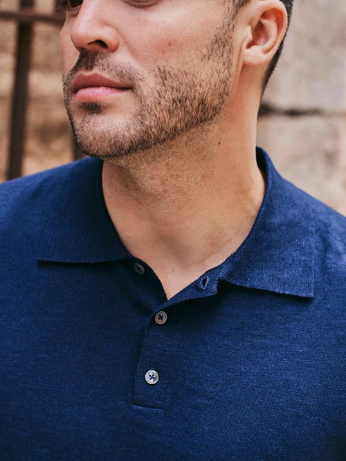 Knitted polo cotton linen donkerblauw
