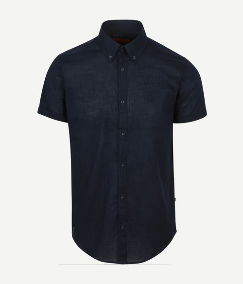 Suitable korte mouwen overhemd cotton slub donkerblauw | Slim-fit