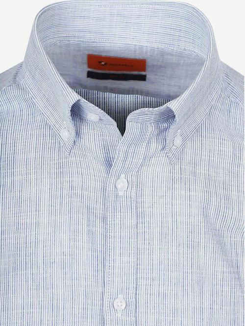 Suitable korte mouwen overhemd cotton slub streep blauw | Slim-fit
