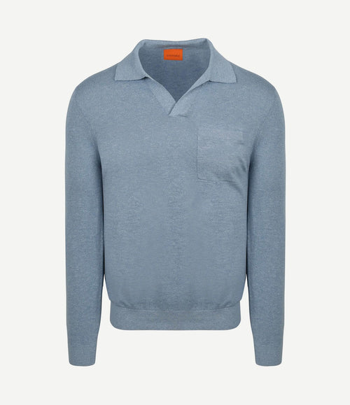 Longsleeve knitted poloshirt riva pocket lichtblauw