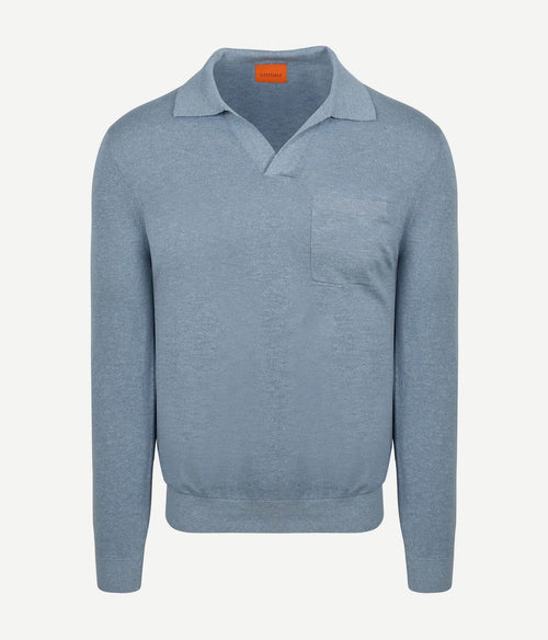 Longsleeve knitted poloshirt riva pocket lichtblauw