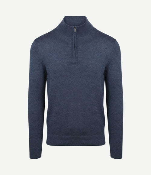 Merino halve rits trui denim blauw