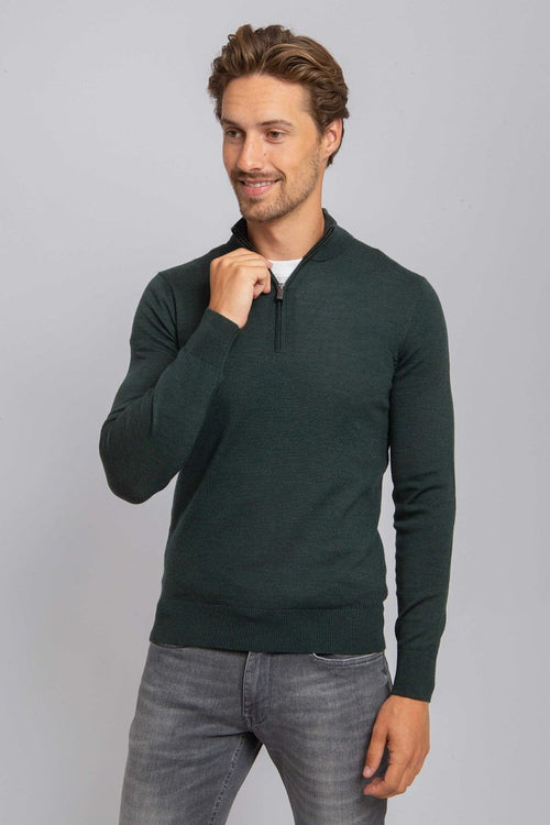 Suitable merino halve rits trui donkergroen | Slim-fit