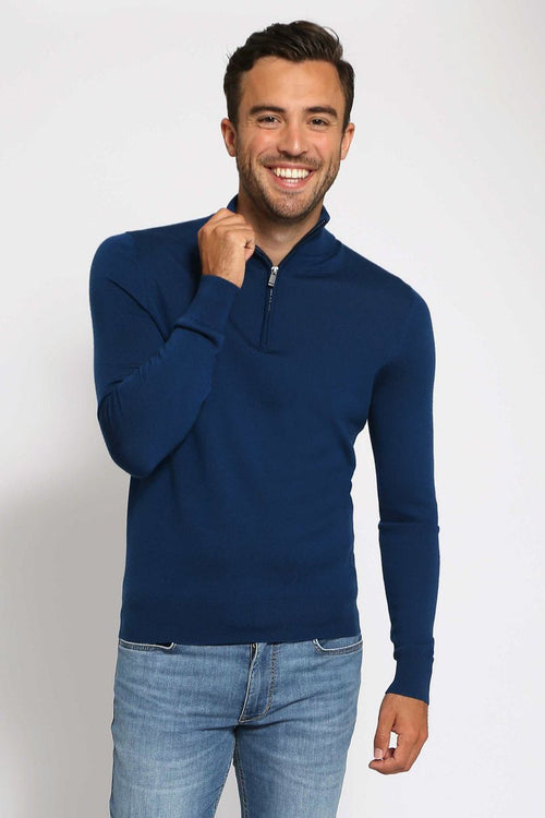 Suitable merino halve rits trui indigo blauw | Slim-fit
