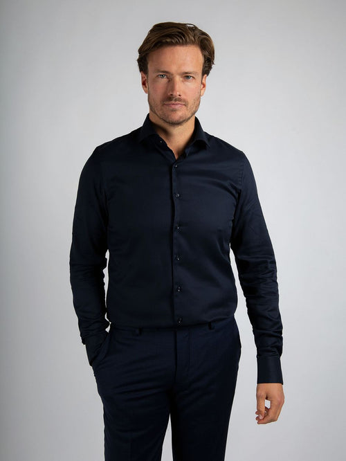 Suitable overhemd extra lange mouwen twill donkerblauw | Slim-fit