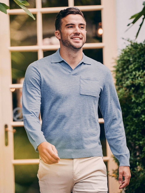 Longsleeve knitted poloshirt riva pocket lichtblauw