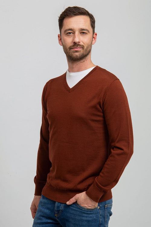 Suitable pullover v-hals merino brique | Slim-fit