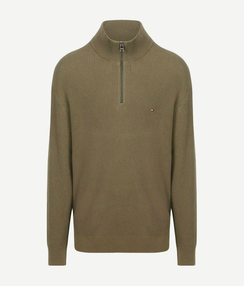 Tommy Hilfiger big&tall halve rits kabel pullover olijfgroen | Regular-fit