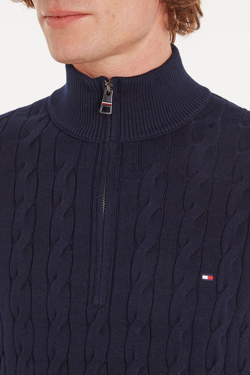 Tommy Hilfiger halve rits pullover cable donkerblauw | Regular-fit