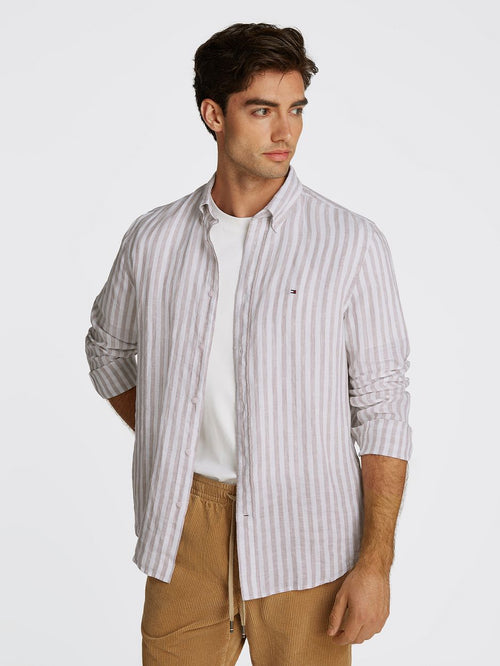 Overhemd linnen streep beige