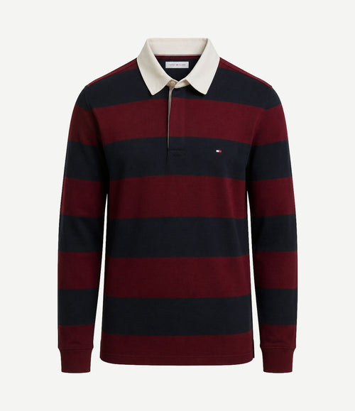 Rugby polo streep burgundy donkerblauw