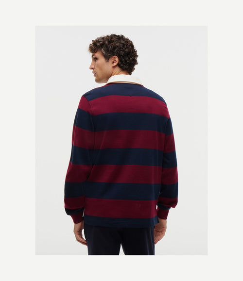 Rugby polo streep burgundy donkerblauw