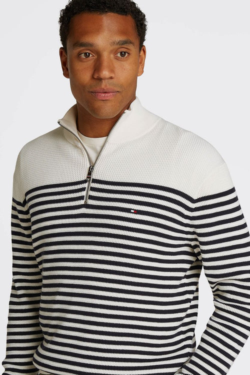 Racking half-zip structure streep wit donkerblauw