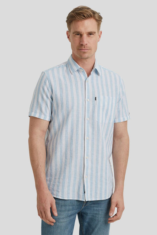 Vanguard short sleeve overhemd linnen streep lichtblauw | Regular-fit