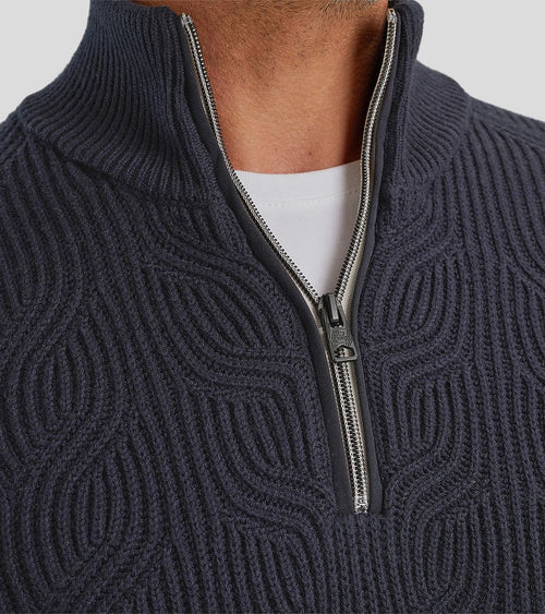 Trui halve rits structuur wolmix donkerblauw