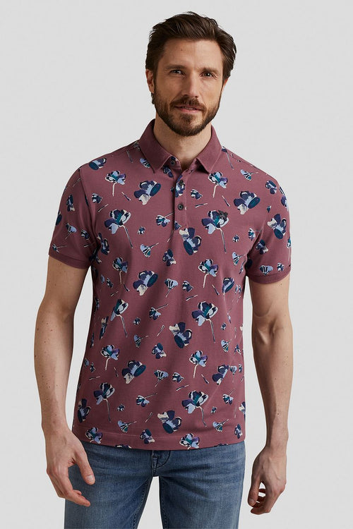 Poloshirt piqué bloemen donkerroze