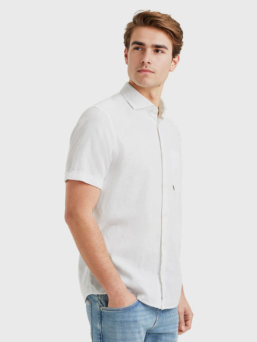 Short sleeve overhemd linnen blend wit