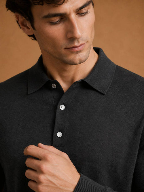 The robert long sleeve poloshirt merino zwart